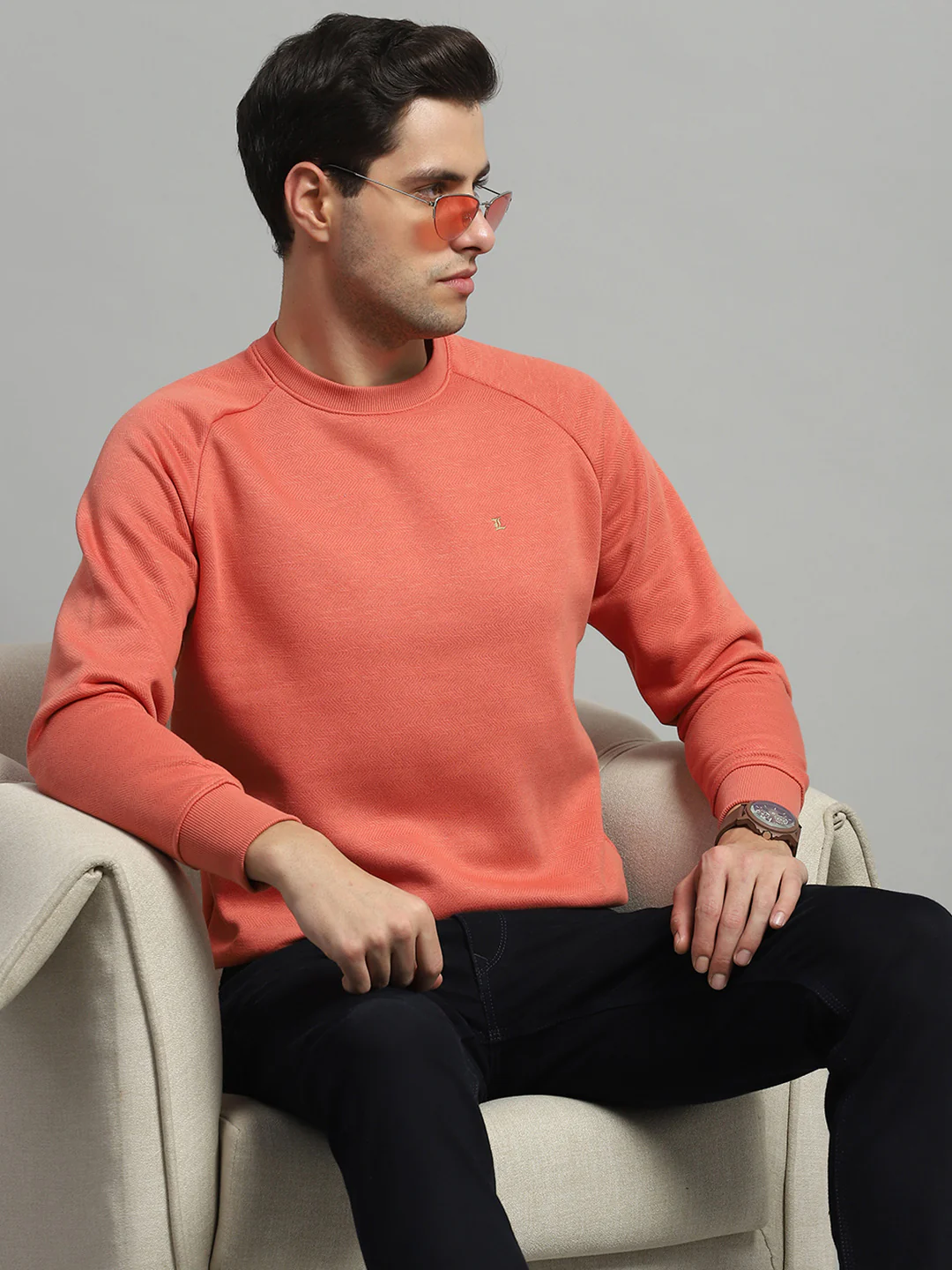 Men Orange Solid Round Neck Full Sleeve Sweatshirt - Image 6
