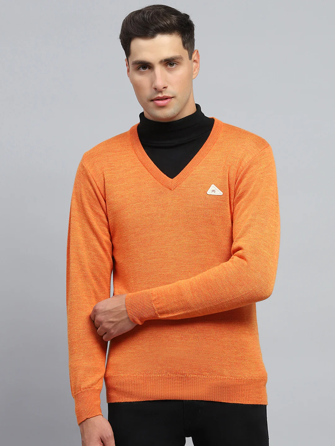 Men Orange Solid V Neck Full Sleeve Pullover - Image 2