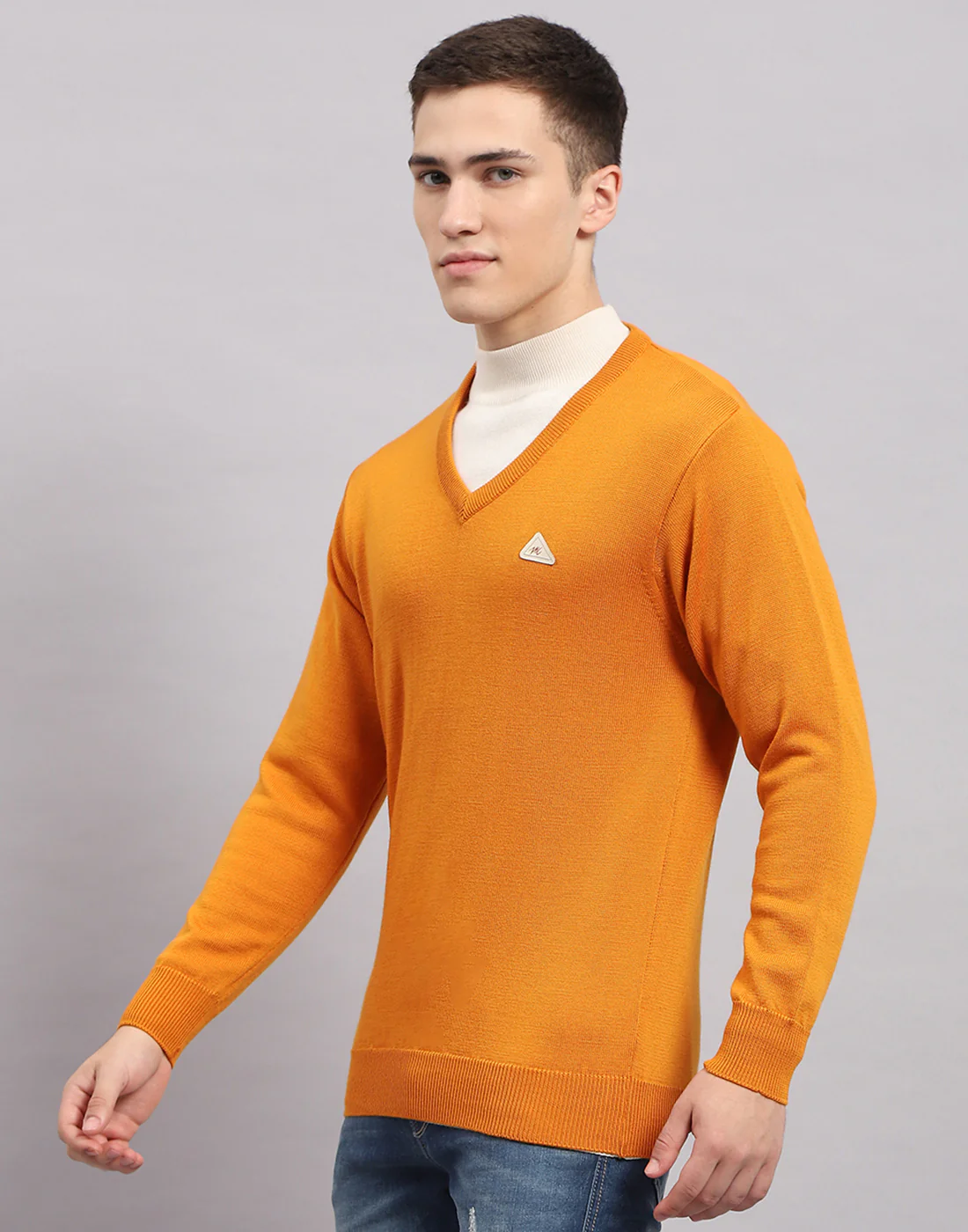 Men Orange Solid V Neck Full Sleeve Pullover - Image 3