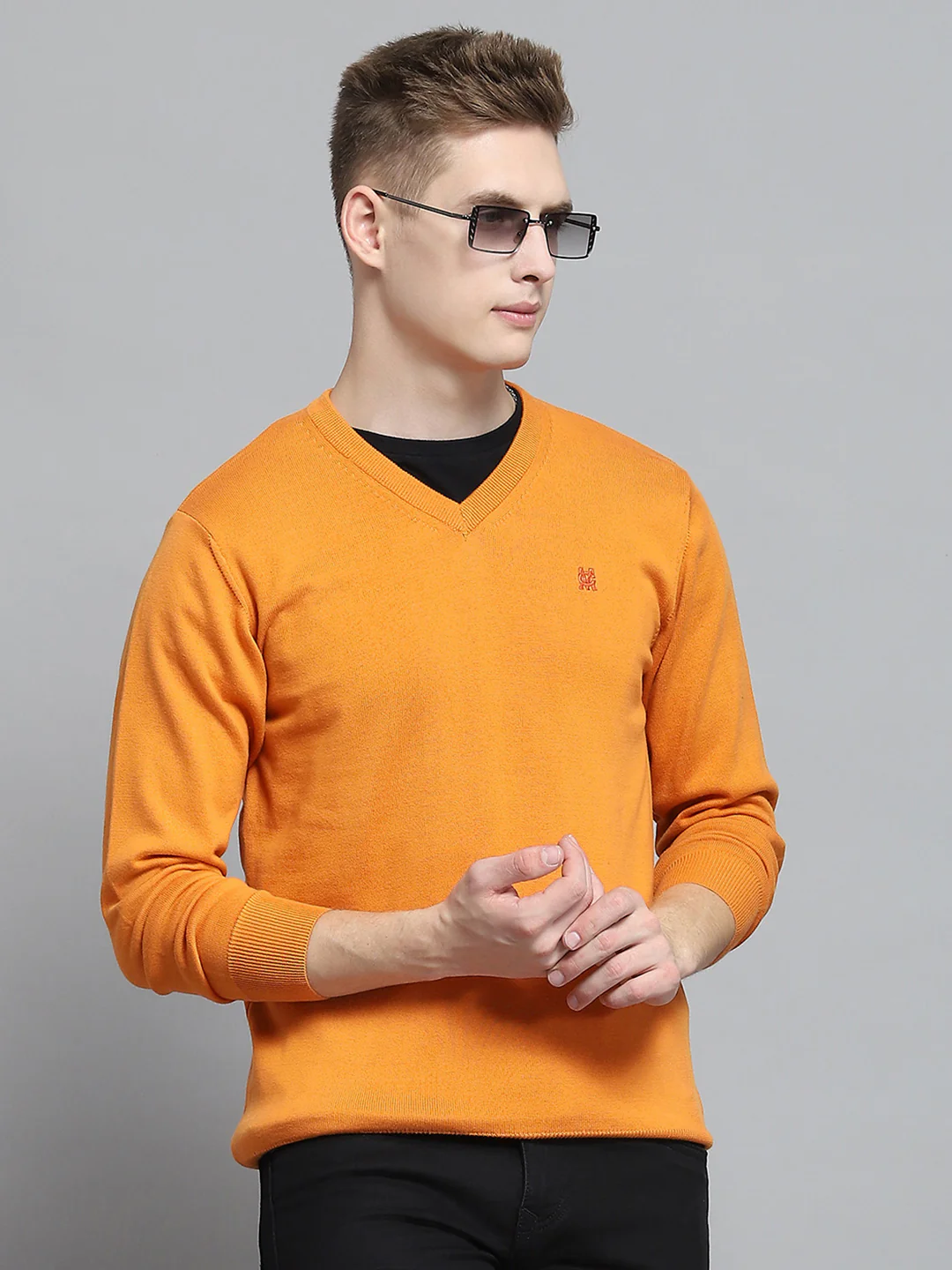 Men Orange Solid V Neck Full Sleeve Pullover - Image 6