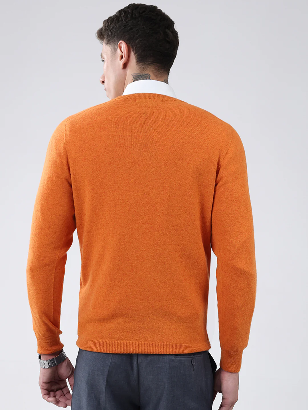 Men Orange Solid V Neck Full Sleeve Pullover - Image 5