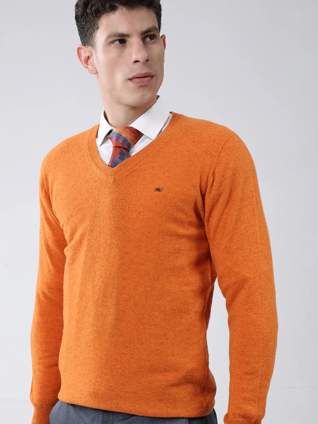 Men Orange Solid V Neck Full Sleeve Pullover - Image 6