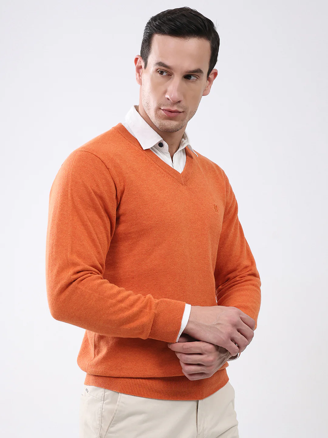Men Orange Solid V Neck Full Sleeve Pullover - Image 4