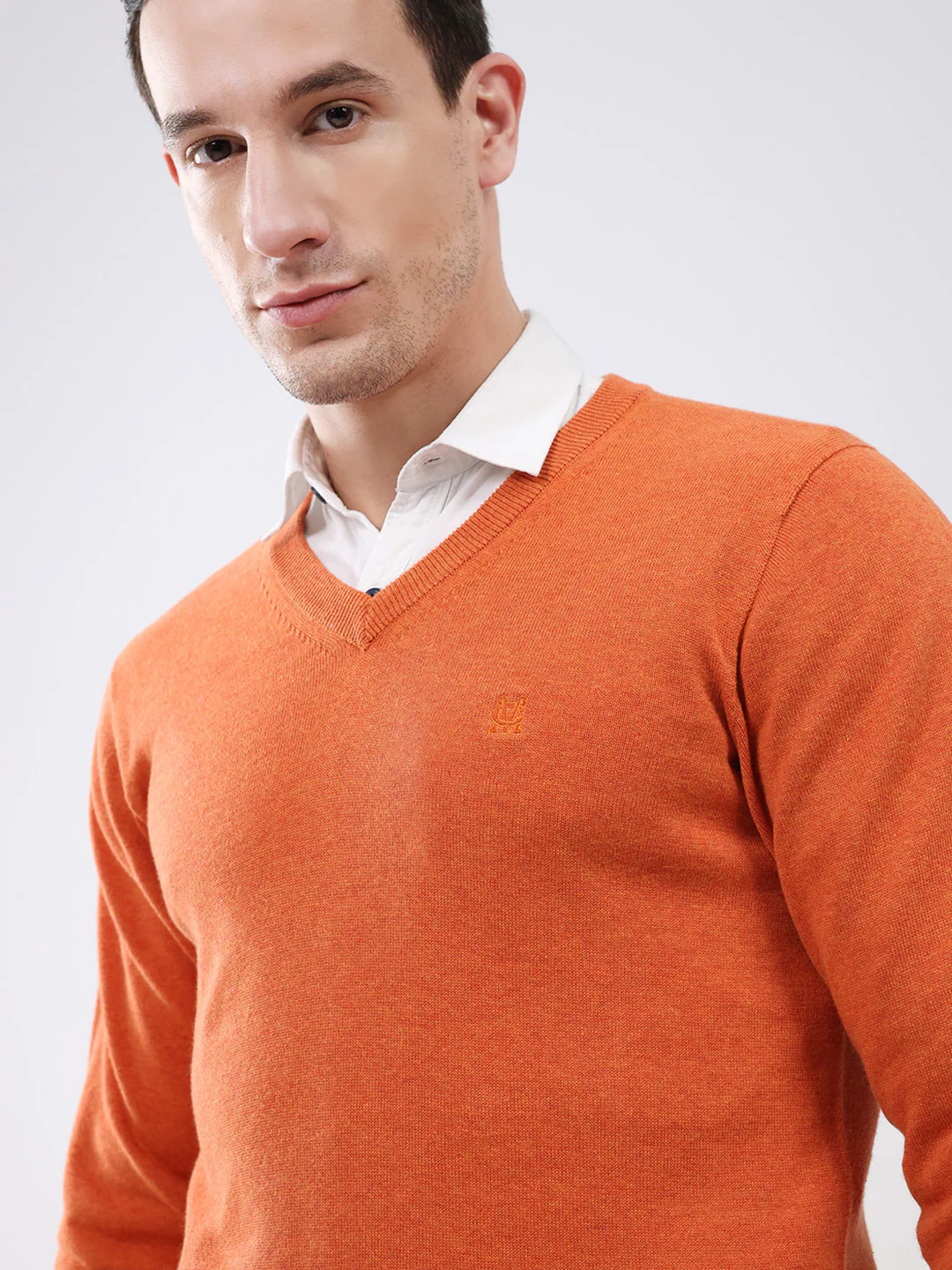 Men Orange Solid V Neck Full Sleeve Pullover - Image 7