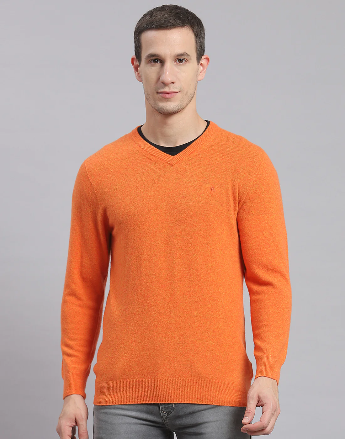 Men Orange Solid V Neck Full Sleeve Sweater - Image 2