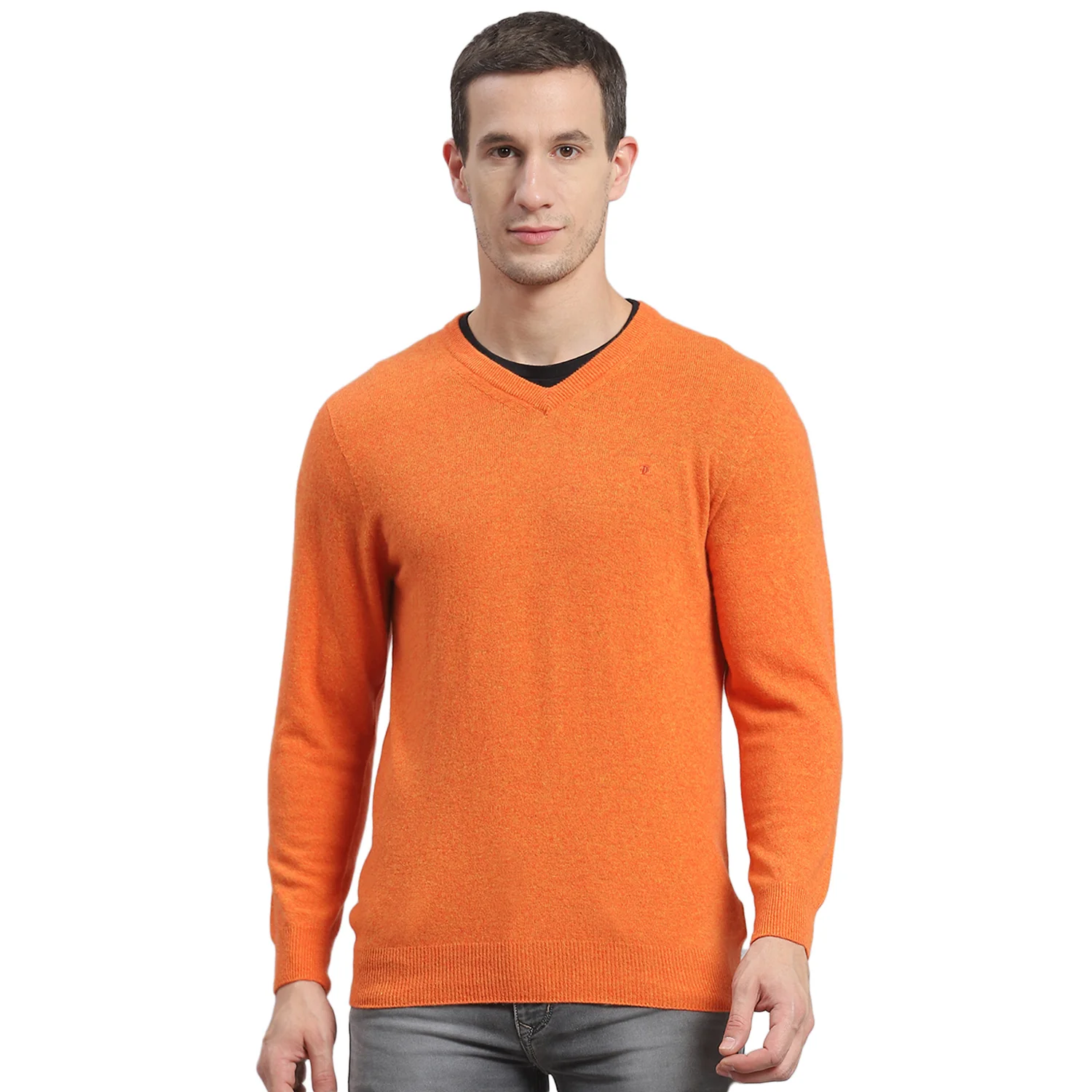 Men Orange Solid V Neck Full Sleeve Sweater - Image 5