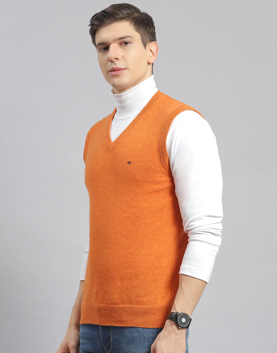 Men Orange Solid V Neck Sleeveless Sweater - Image 3