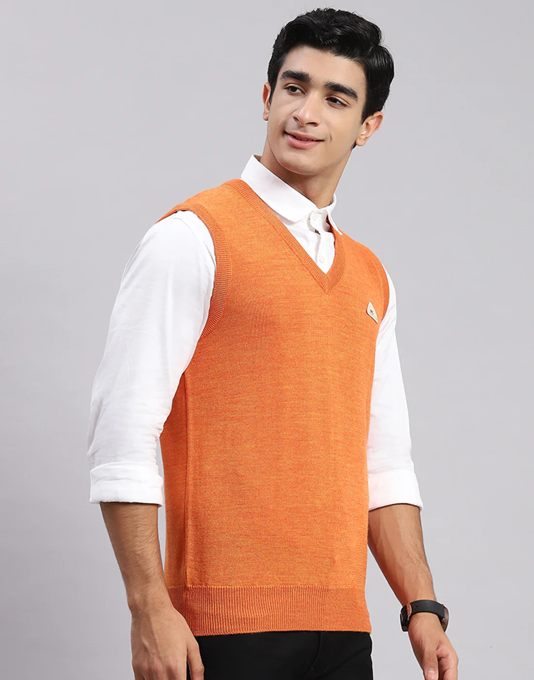 Men Orange Solid V Neck Sleeveless Sweaters/Pullovers - Image 3