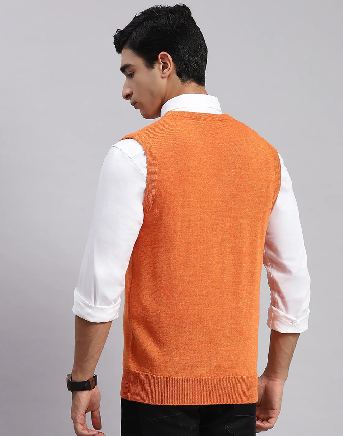 Men Orange Solid V Neck Sleeveless Sweaters/Pullovers - Image 4