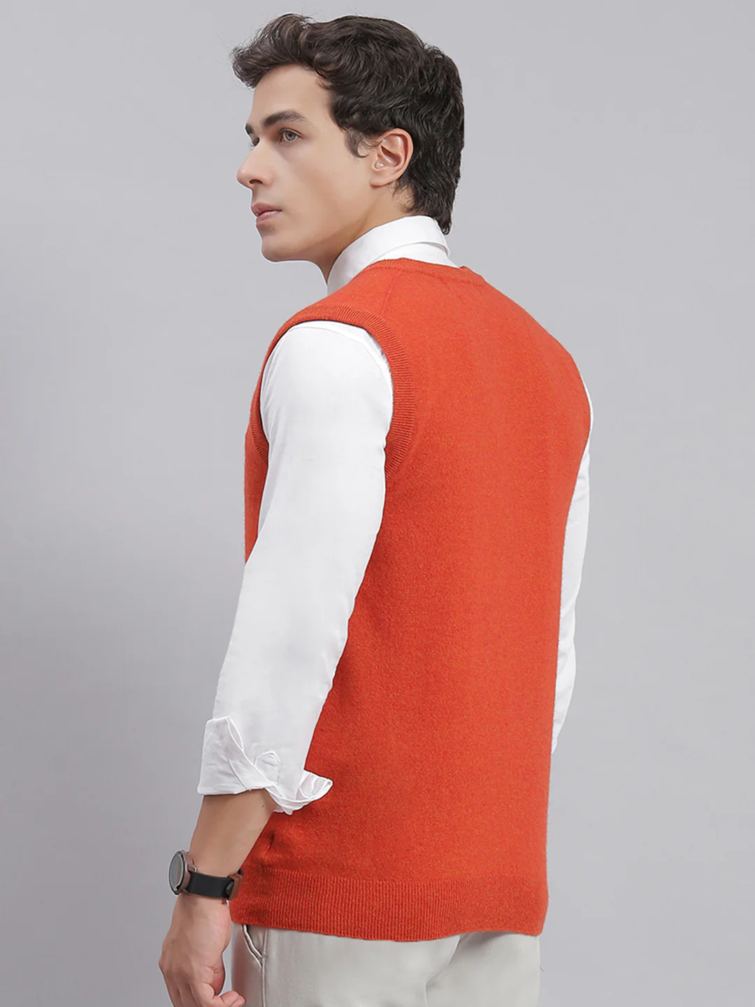 Men Orange Solid V Neck Sleeveless Sweaters/Pullovers - Image 5