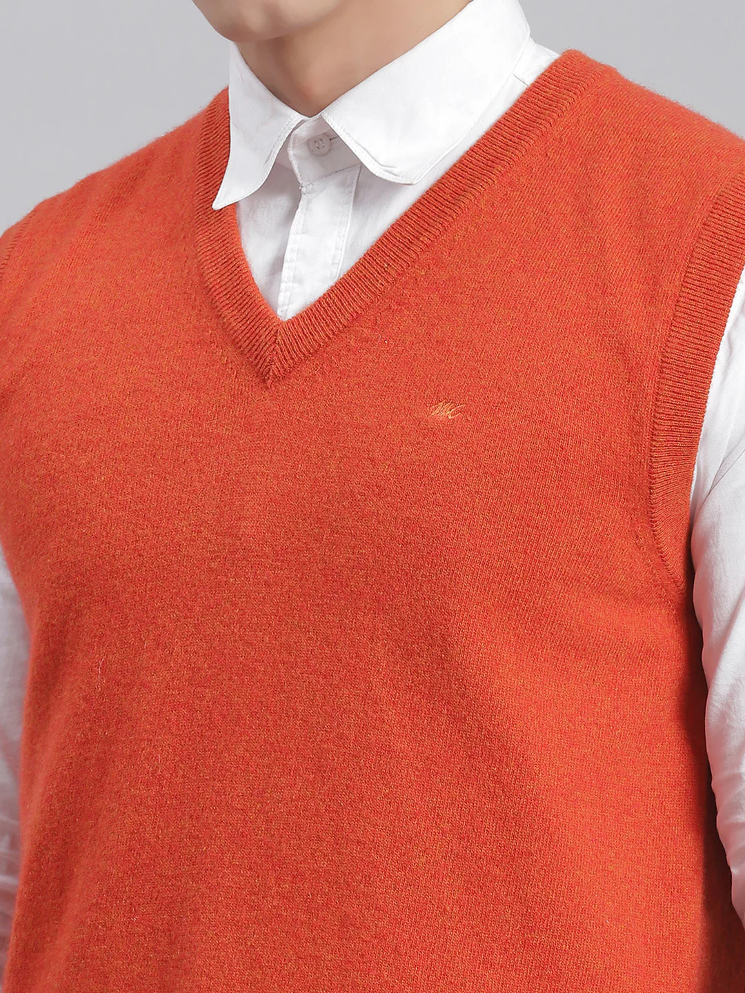 Men Orange Solid V Neck Sleeveless Sweaters/Pullovers - Image 6