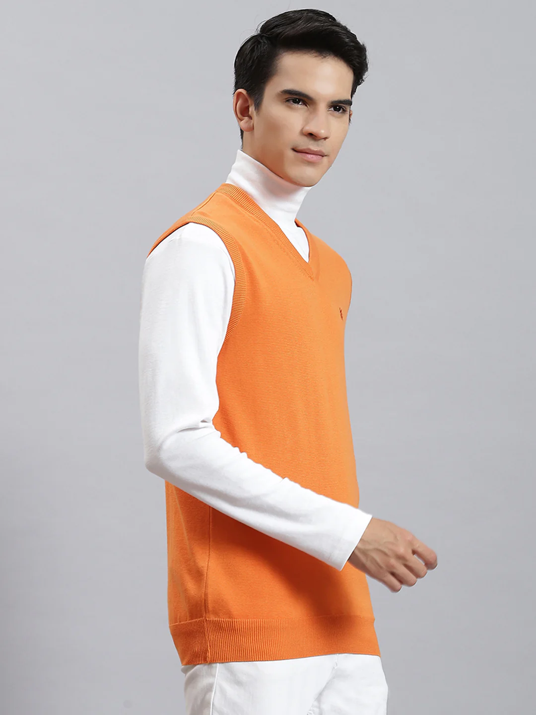 Men Orange Solid V Neck Sleeveless Sweaters/Pullovers - Image 4