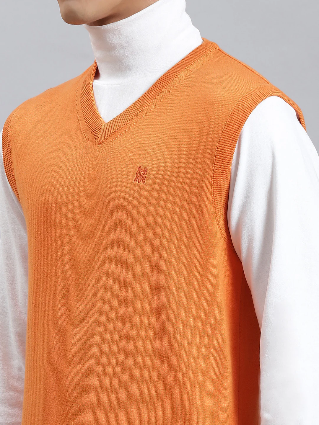 Men Orange Solid V Neck Sleeveless Sweaters/Pullovers - Image 6