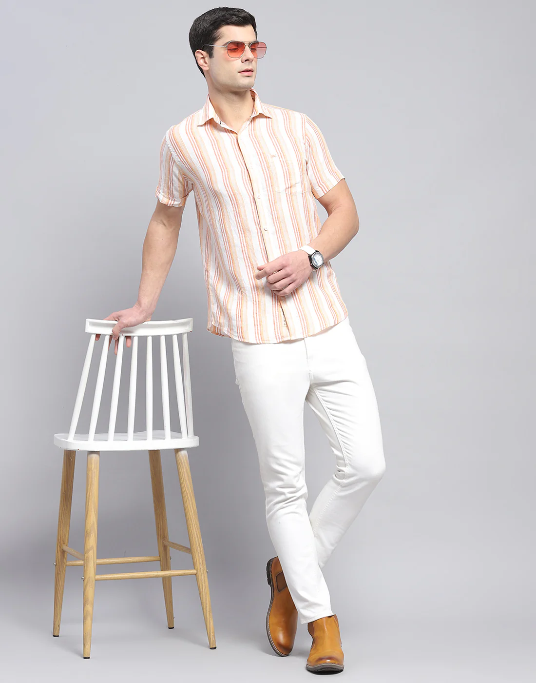 Men Orange Stripe Collar Half Sleeve Linen Shirt - Image 2
