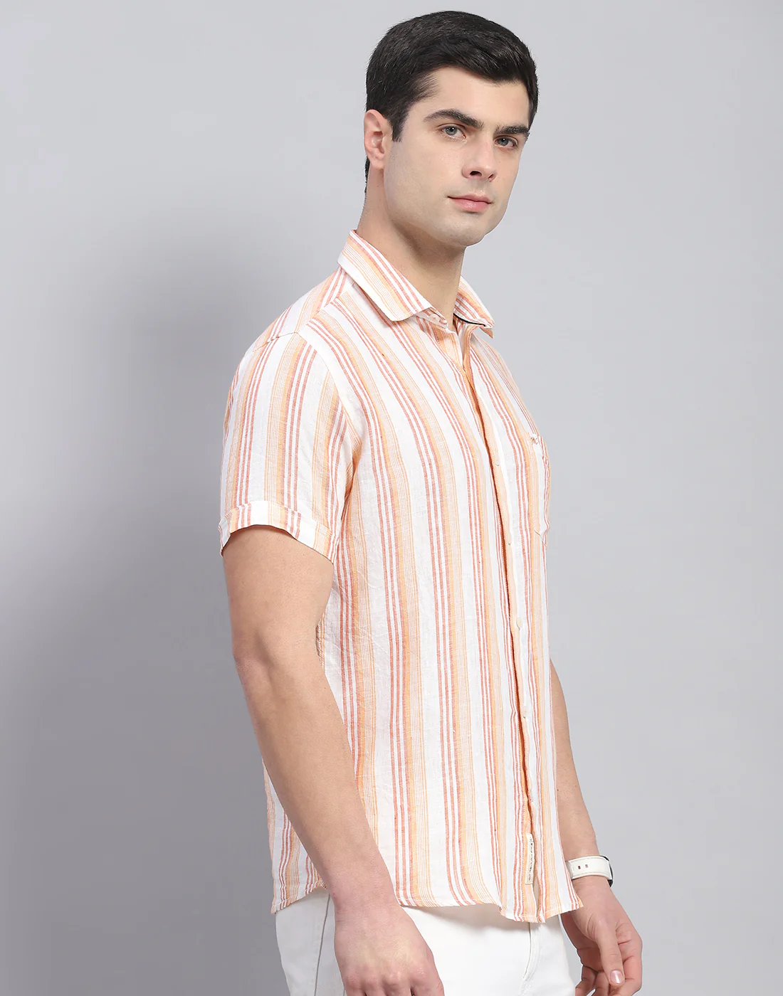 Men Orange Stripe Collar Half Sleeve Linen Shirt - Image 5