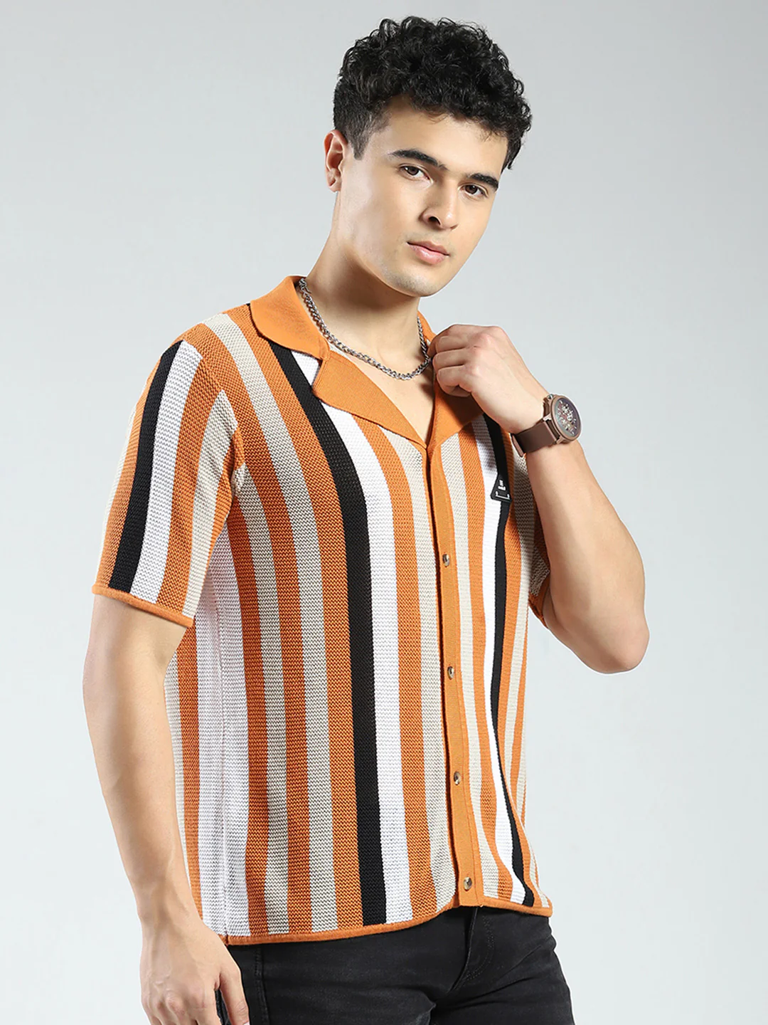 Rock.it Men Orange Stripe Collar Half Sleeve Shirt - Image 4