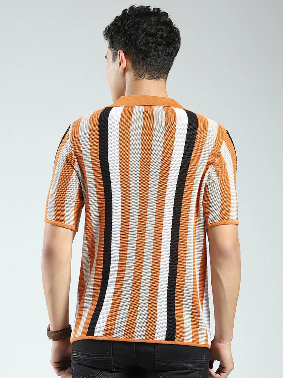 Rock.it Men Orange Stripe Collar Half Sleeve Shirt - Image 5