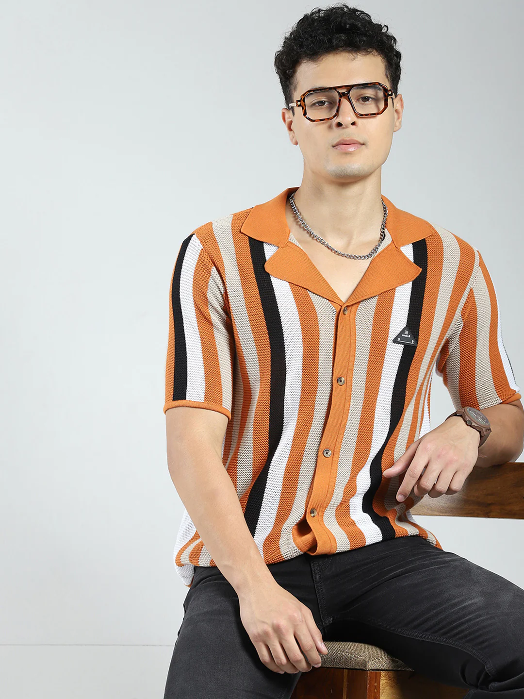 Rock.it Men Orange Stripe Collar Half Sleeve Shirt - Image 6