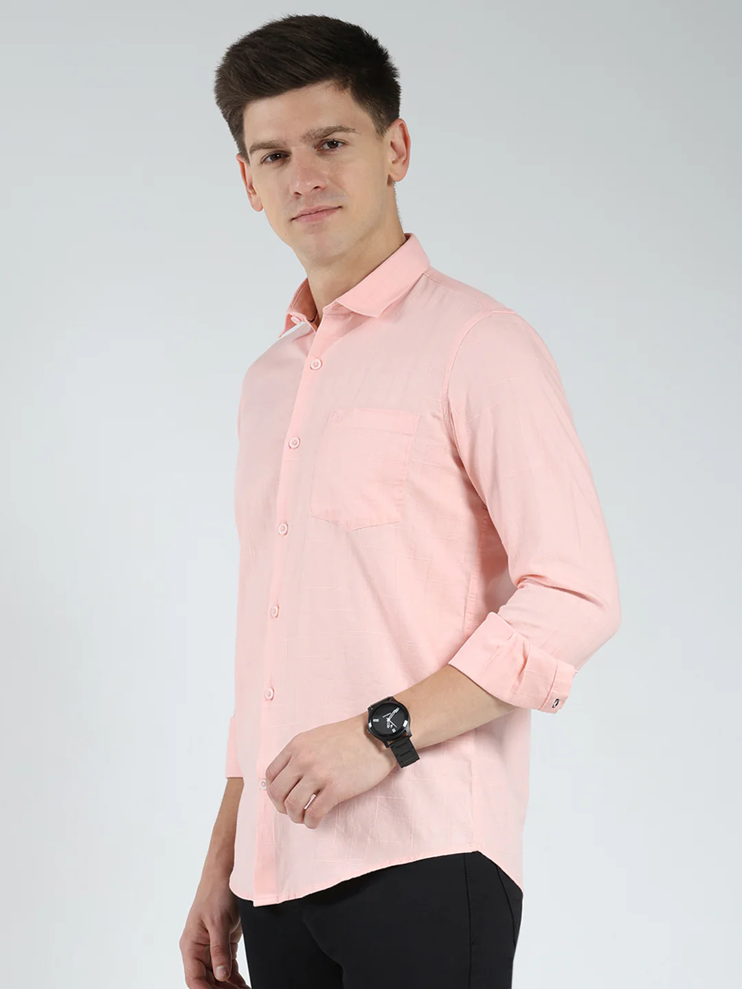 Men Peach Check Collar Full Sleeve Shirt - Image 3