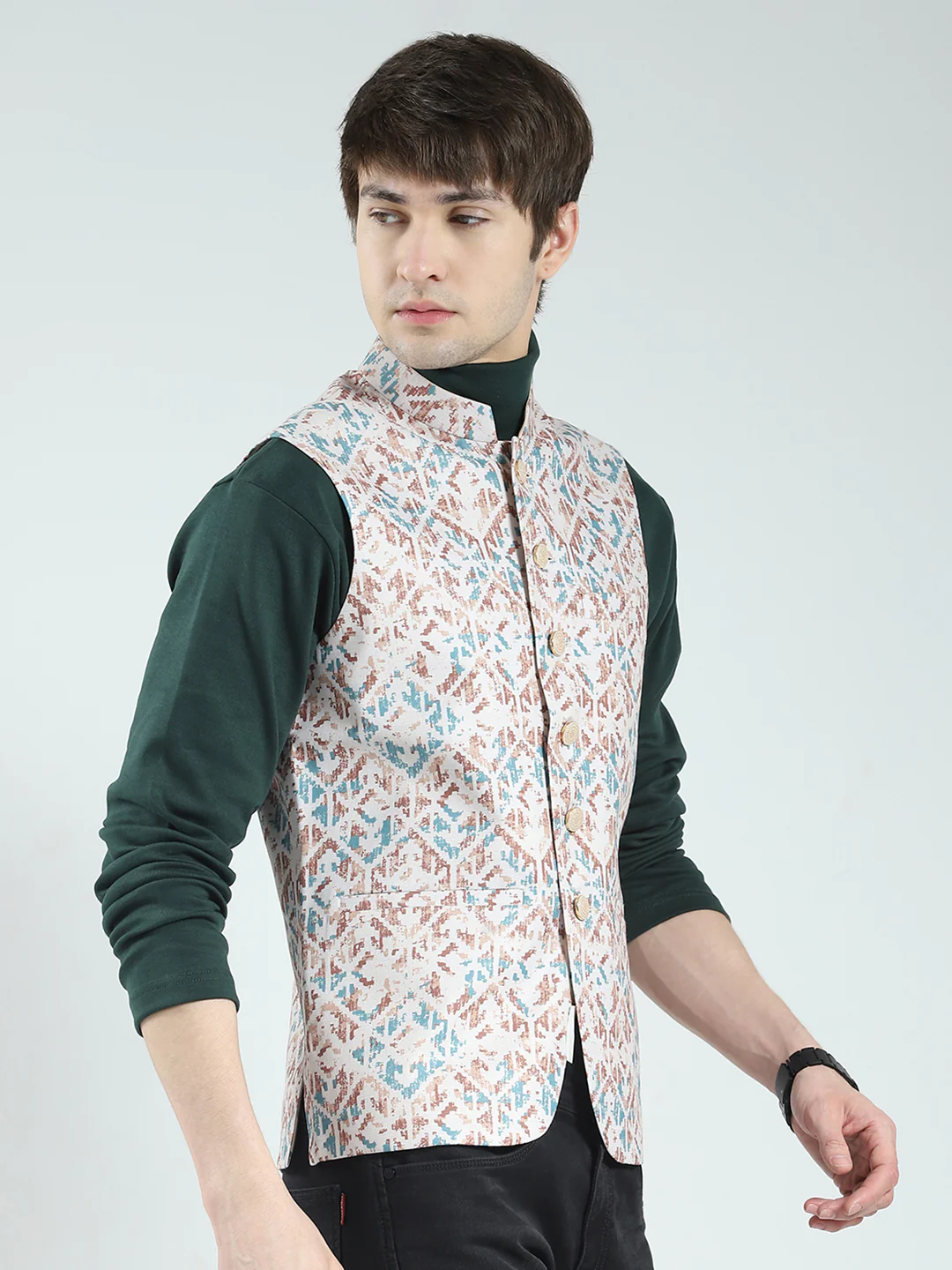 Men Peach Printed Band Neck Sleeveless Nehru Jacket - Image 4