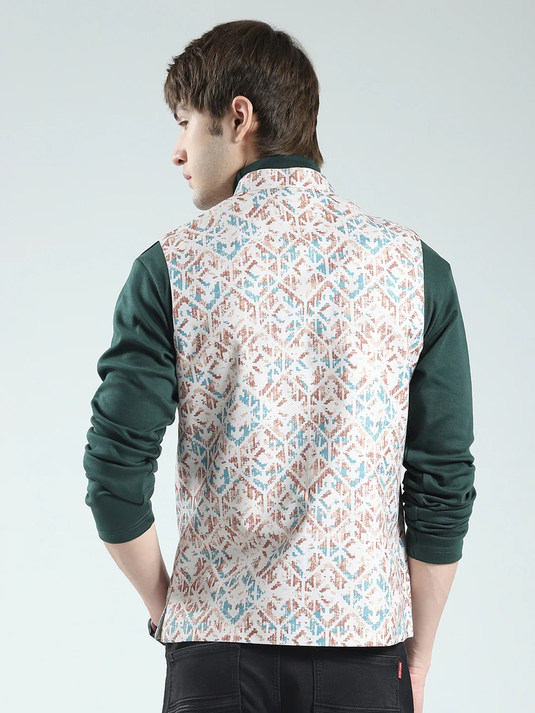 Men Peach Printed Band Neck Sleeveless Nehru Jacket - Image 5