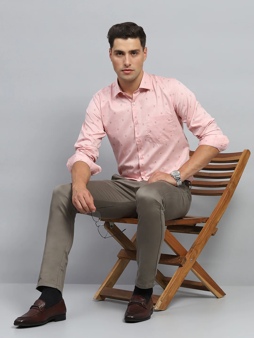 Men Peach Printed Collar Full Sleeve Shirt - Image 2