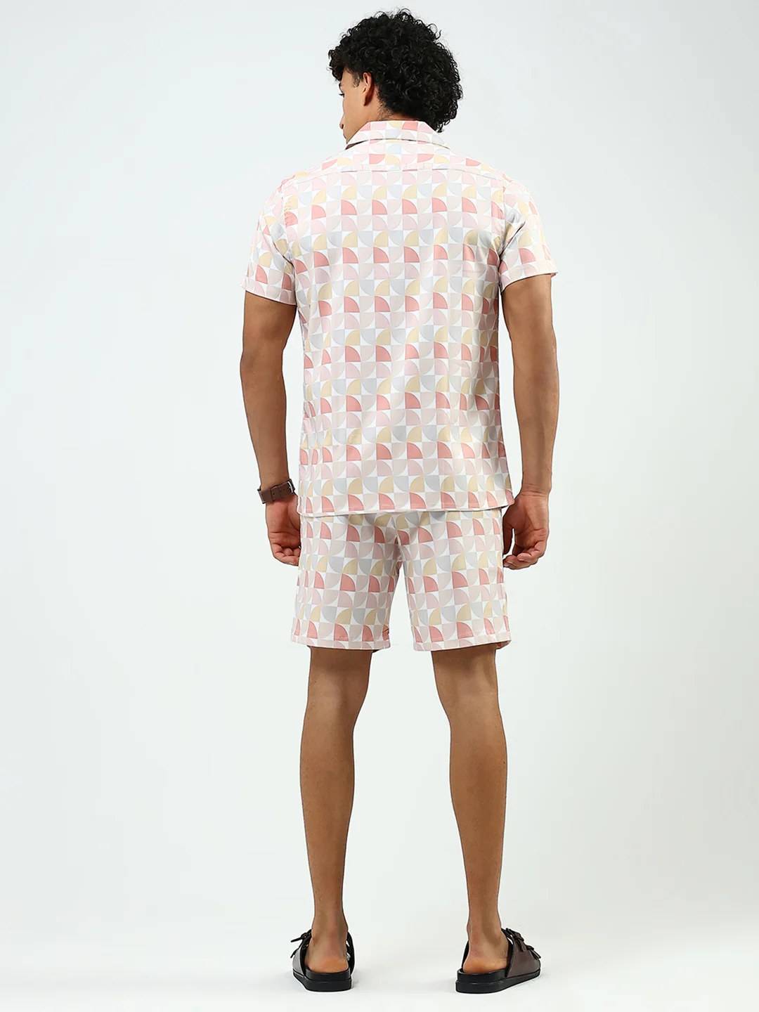 Men Peach Printed Collar Half Sleeve Cords Set - Image 5