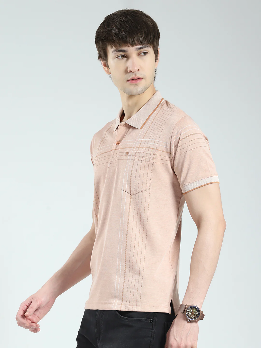 Men Peach Printed Collar Half Sleeve T-Shirt - Image 3