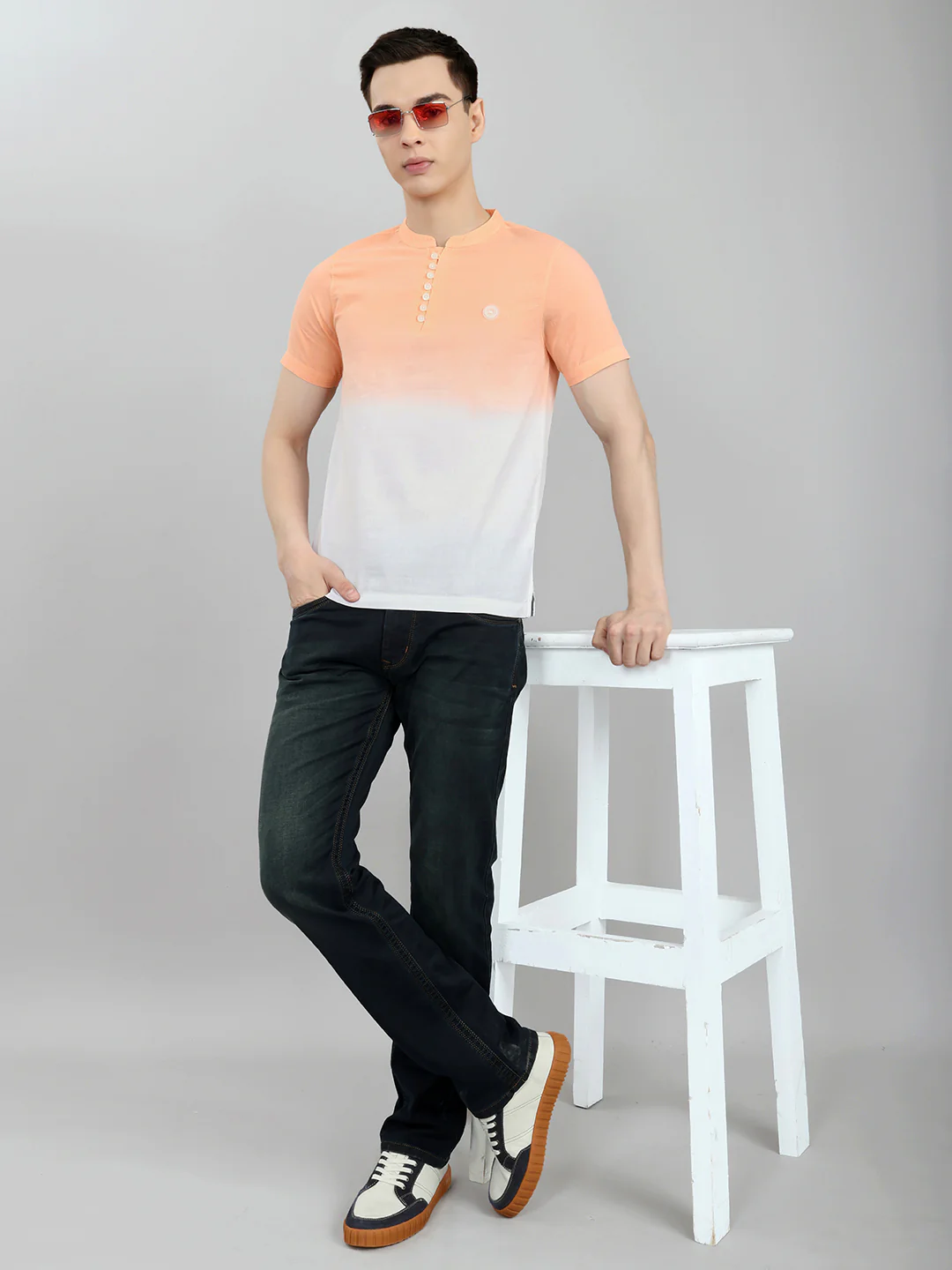 Men Peach Printed Henley Neck Half Sleeve T-Shirt - Image 6