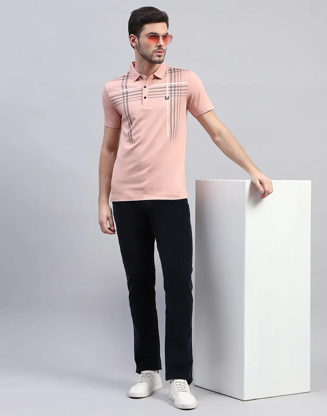 Men Peach Printed Polo Collar Half Sleeve T-Shirt - Image 2