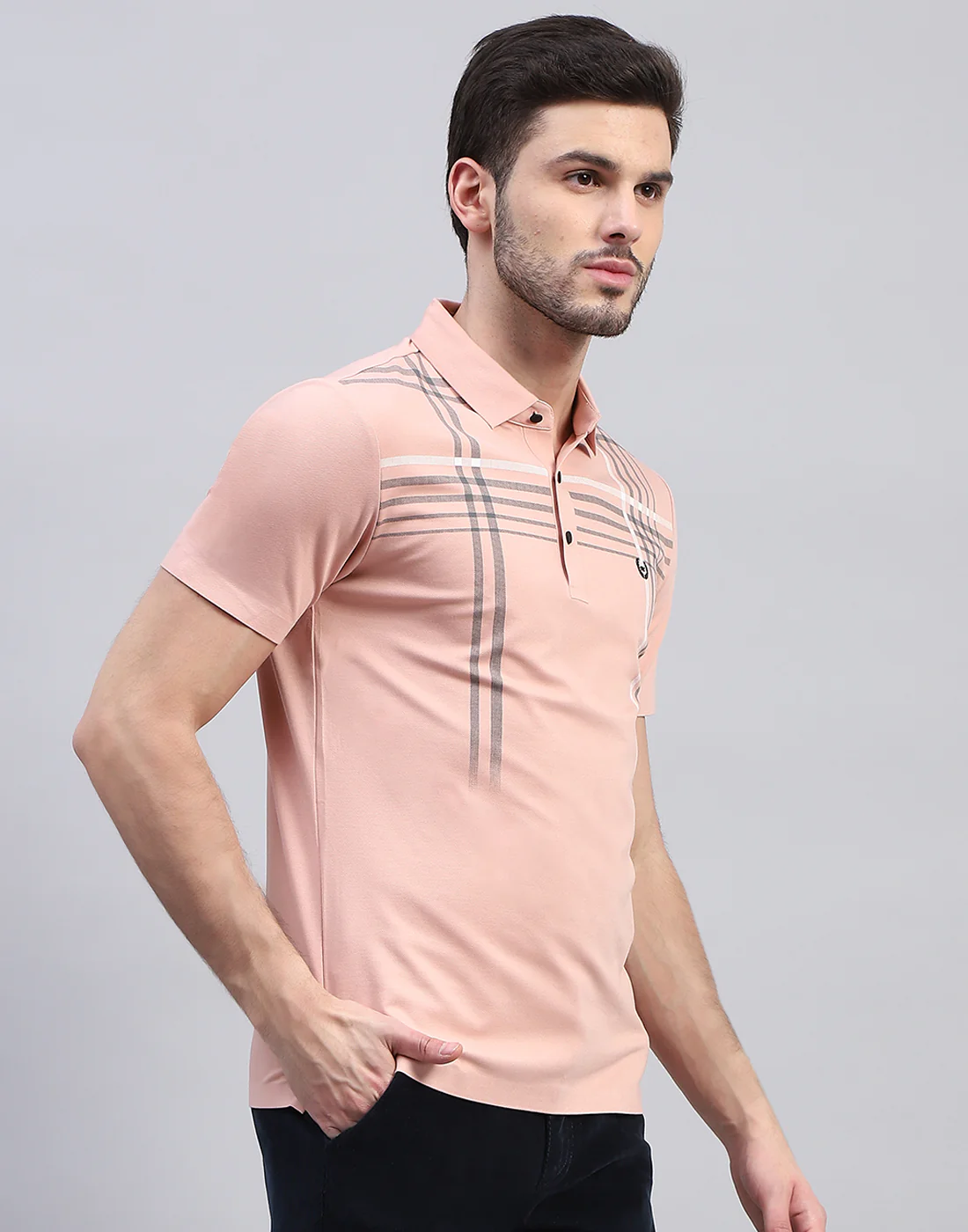Men Peach Printed Polo Collar Half Sleeve T-Shirt - Image 4