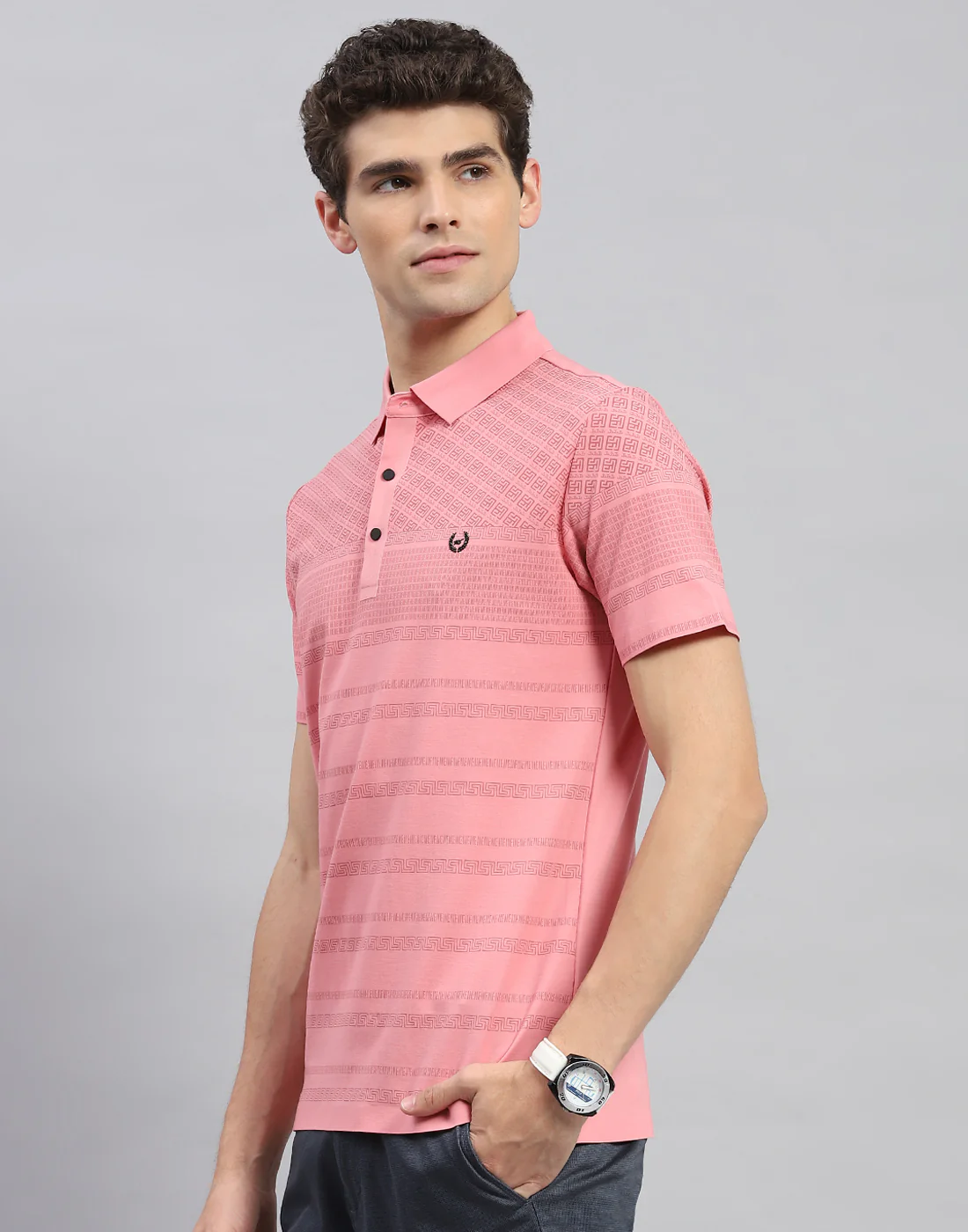Men Peach Printed Polo Collar Half Sleeve T-Shirt - Image 3