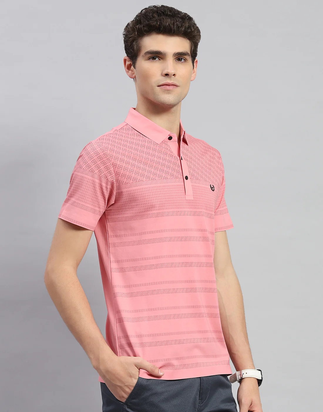 Men Peach Printed Polo Collar Half Sleeve T-Shirt - Image 4