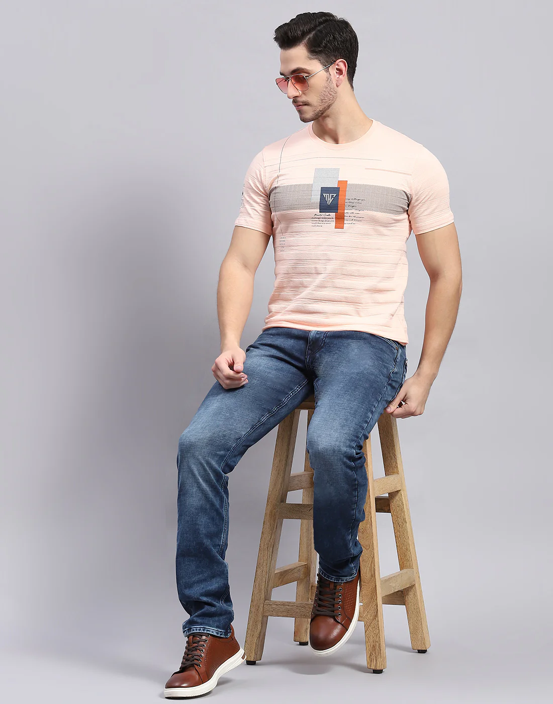 Men Peach Printed Round Neck Half Sleeve T-Shirt - Image 2
