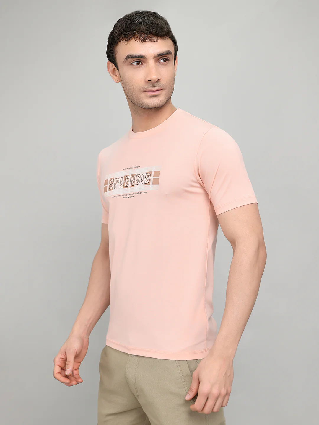 Men Peach Printed Round Neck Half Sleeve T-Shirt - Image 2