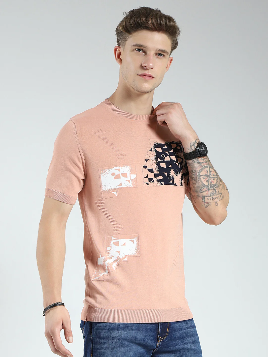 Men Peach Printed Round Neck Half Sleeve T-Shirt - Image 4