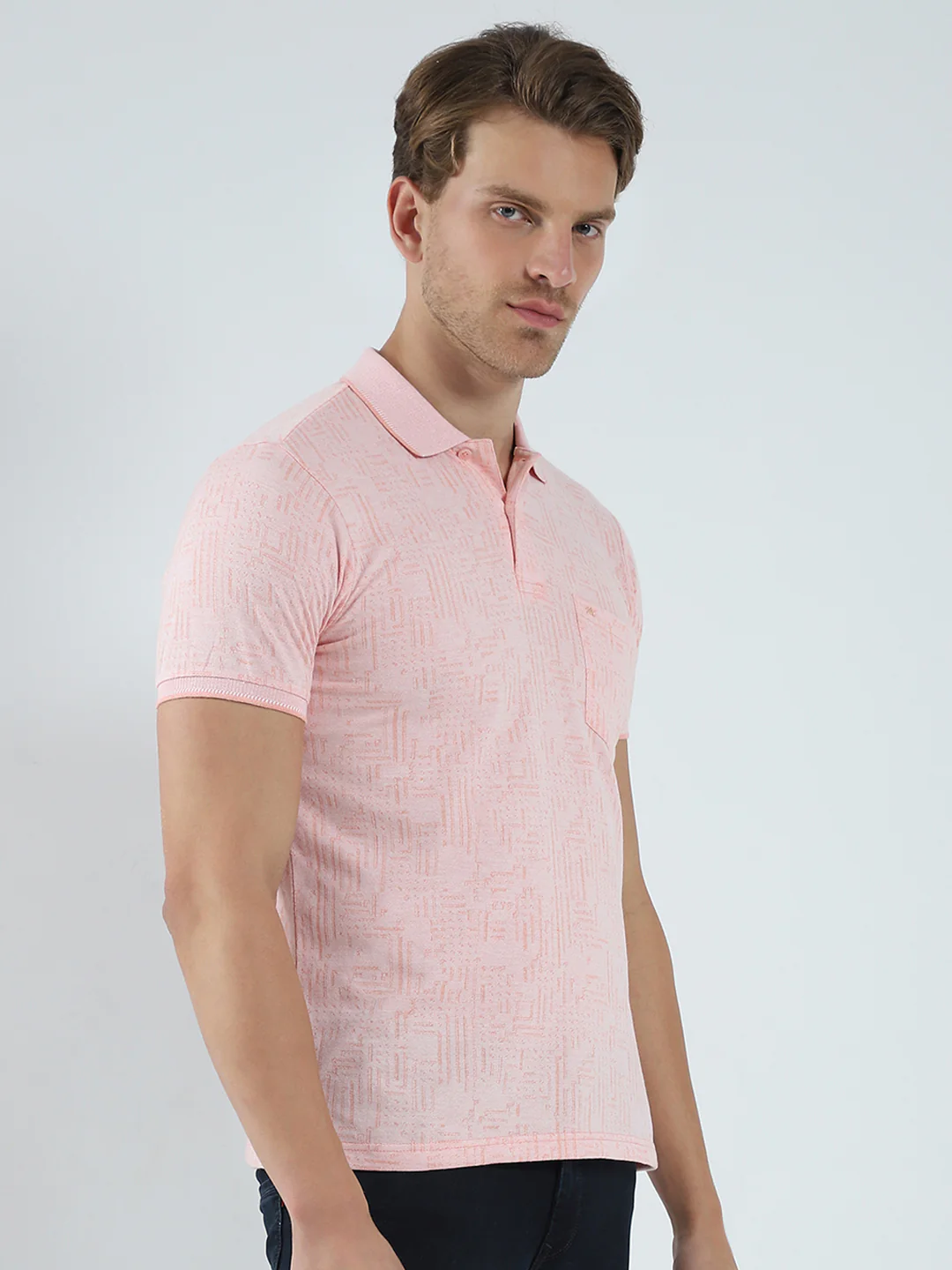 Men Peach Self Design Collar Half Sleeve T-Shirt - Image 4