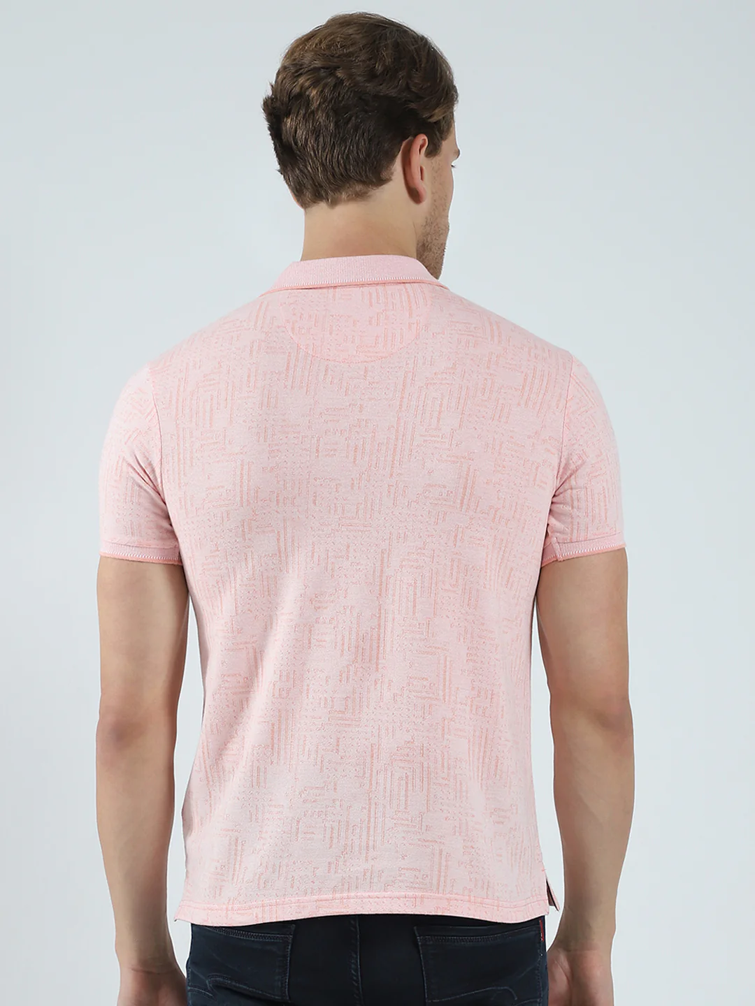 Men Peach Self Design Collar Half Sleeve T-Shirt - Image 5