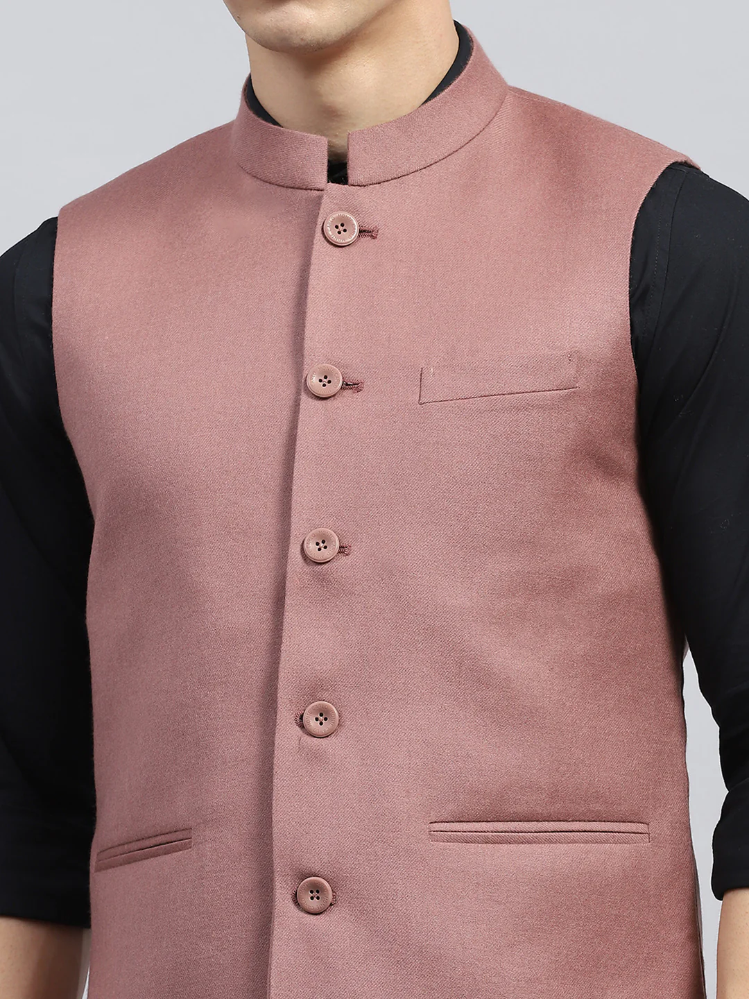 Men Peach Solid Band Collar Sleeveless Jacket - Image 6