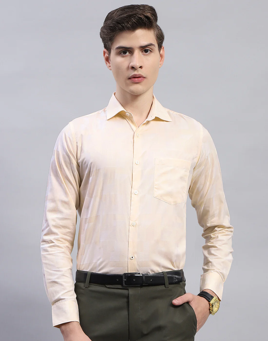 Men Peach Solid Collar Full Sleeve Shirt - Image 3