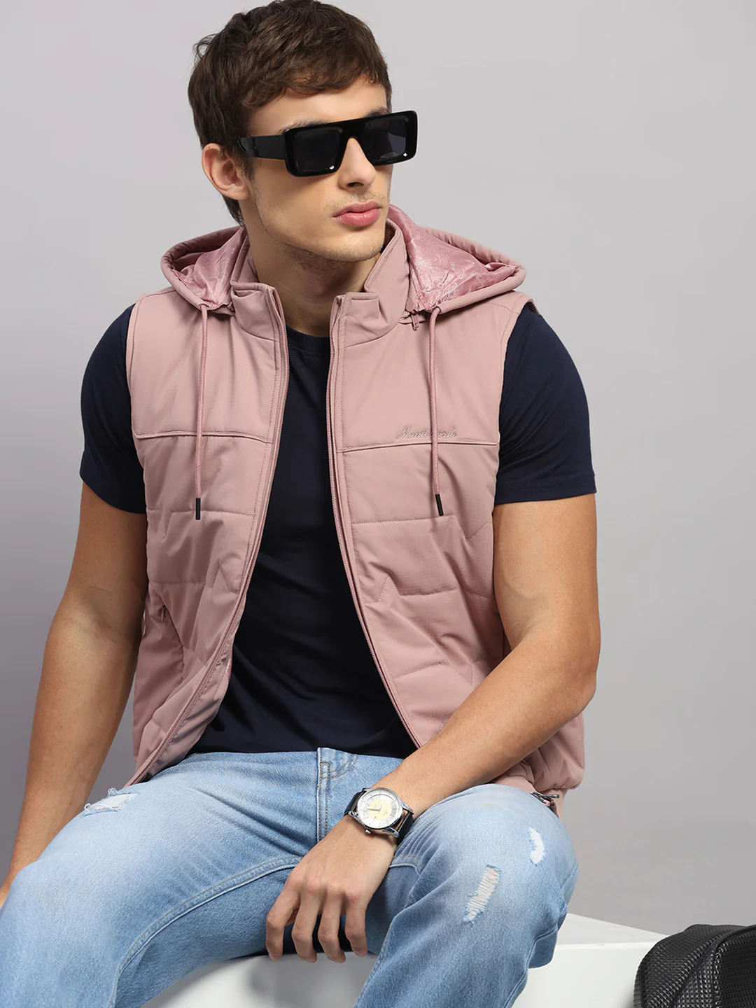 Men Peach Solid Hooded Sleeveless Jacket - Image 6