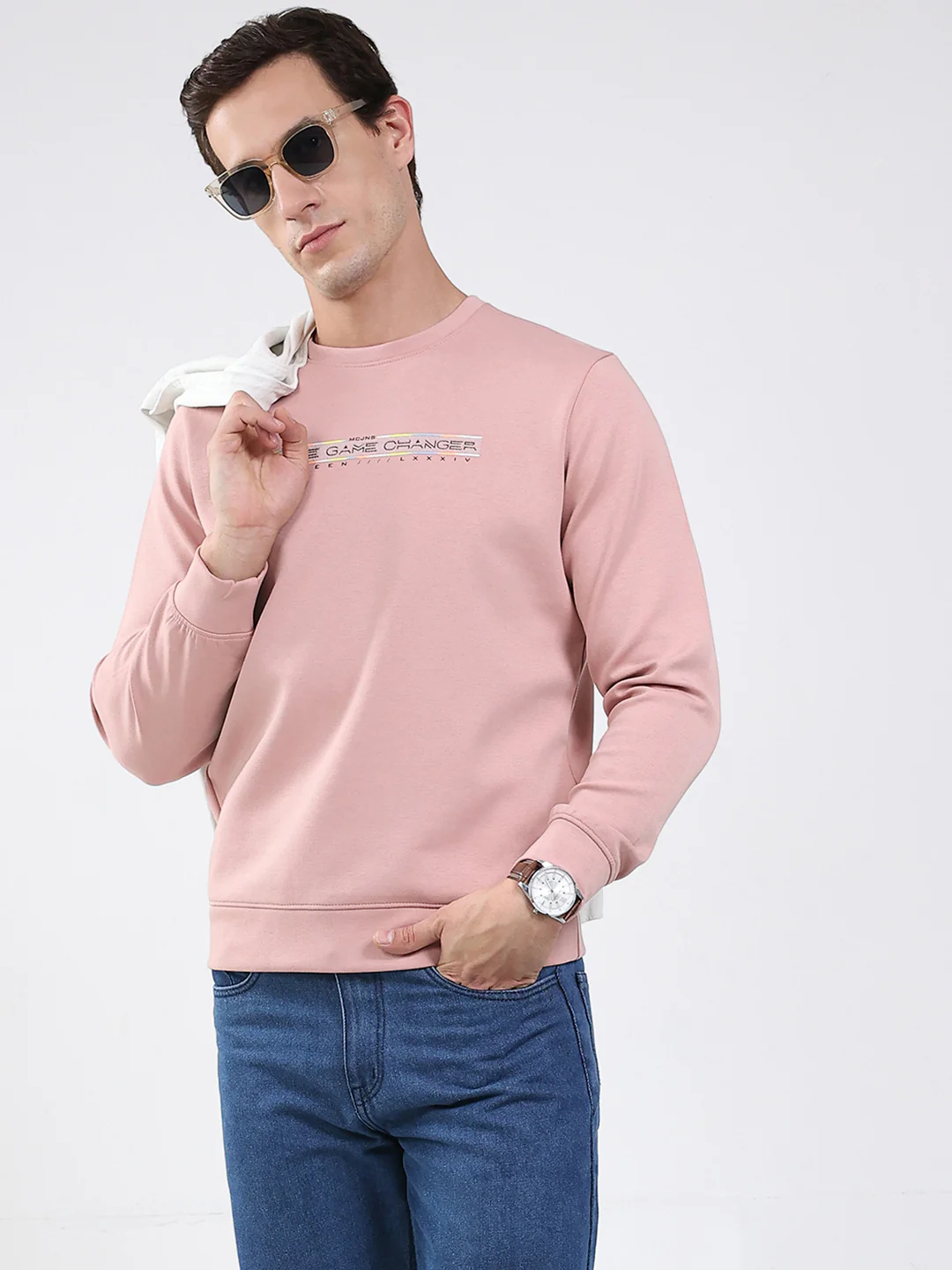Men Peach Solid Round Neck Full Sleeve Sweatshirt - Image 6