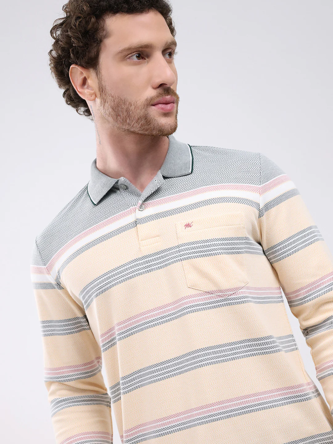Men Peach Stripe Collar Full Sleeve Winter T-Shirt - Image 7
