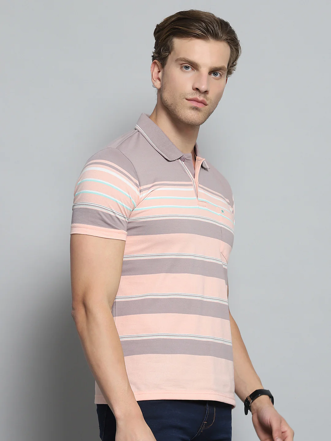 Men Peach Stripe Collar Half Sleeve T-Shirt - Image 4