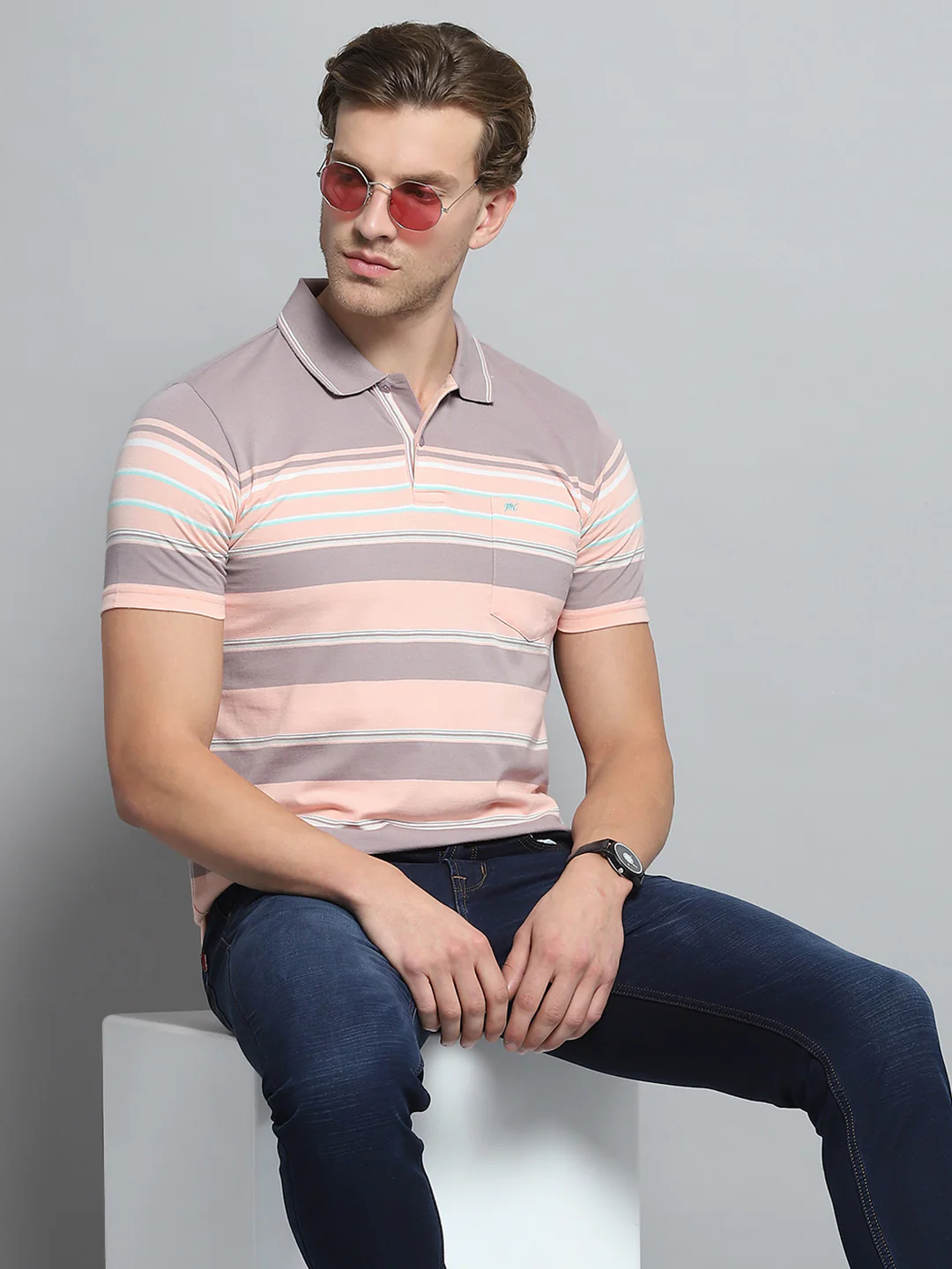 Men Peach Stripe Collar Half Sleeve T-Shirt - Image 6