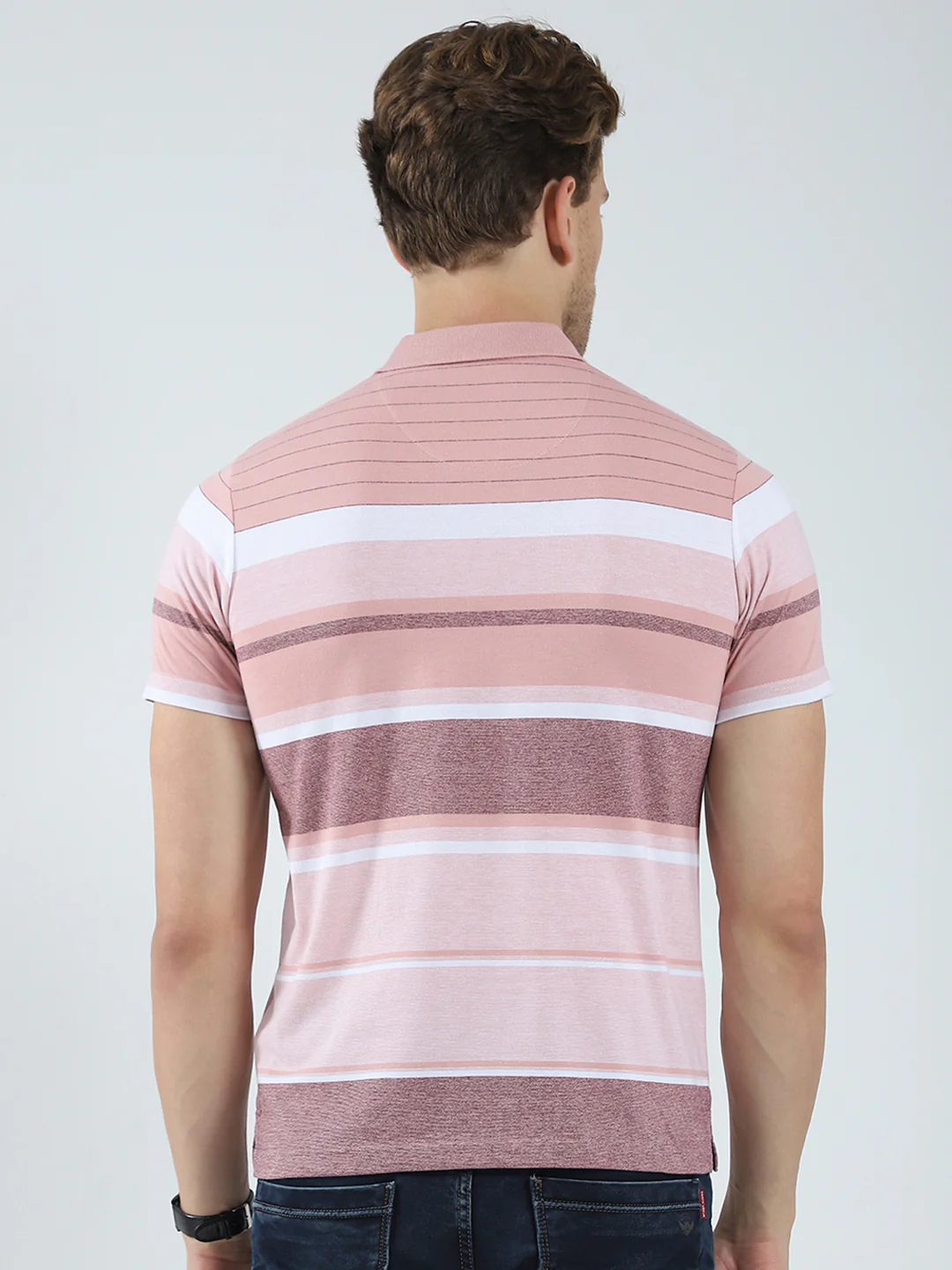Men Peach Stripe Collar Half Sleeve T-Shirt - Image 5