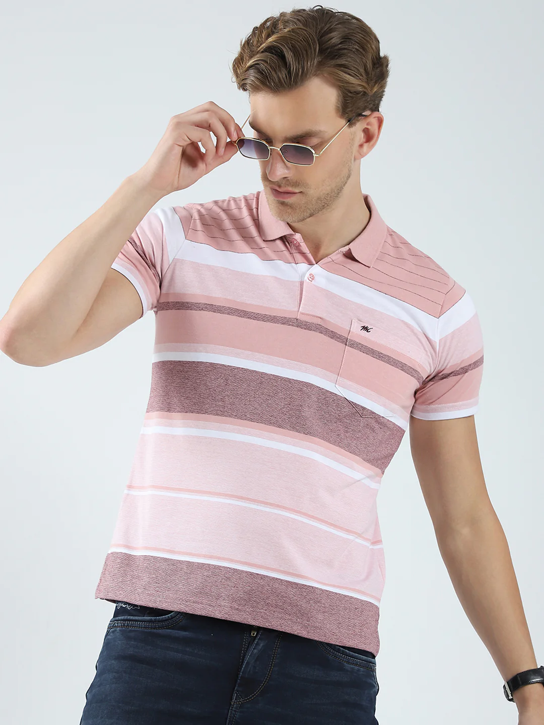 Men Peach Stripe Collar Half Sleeve T-Shirt - Image 6