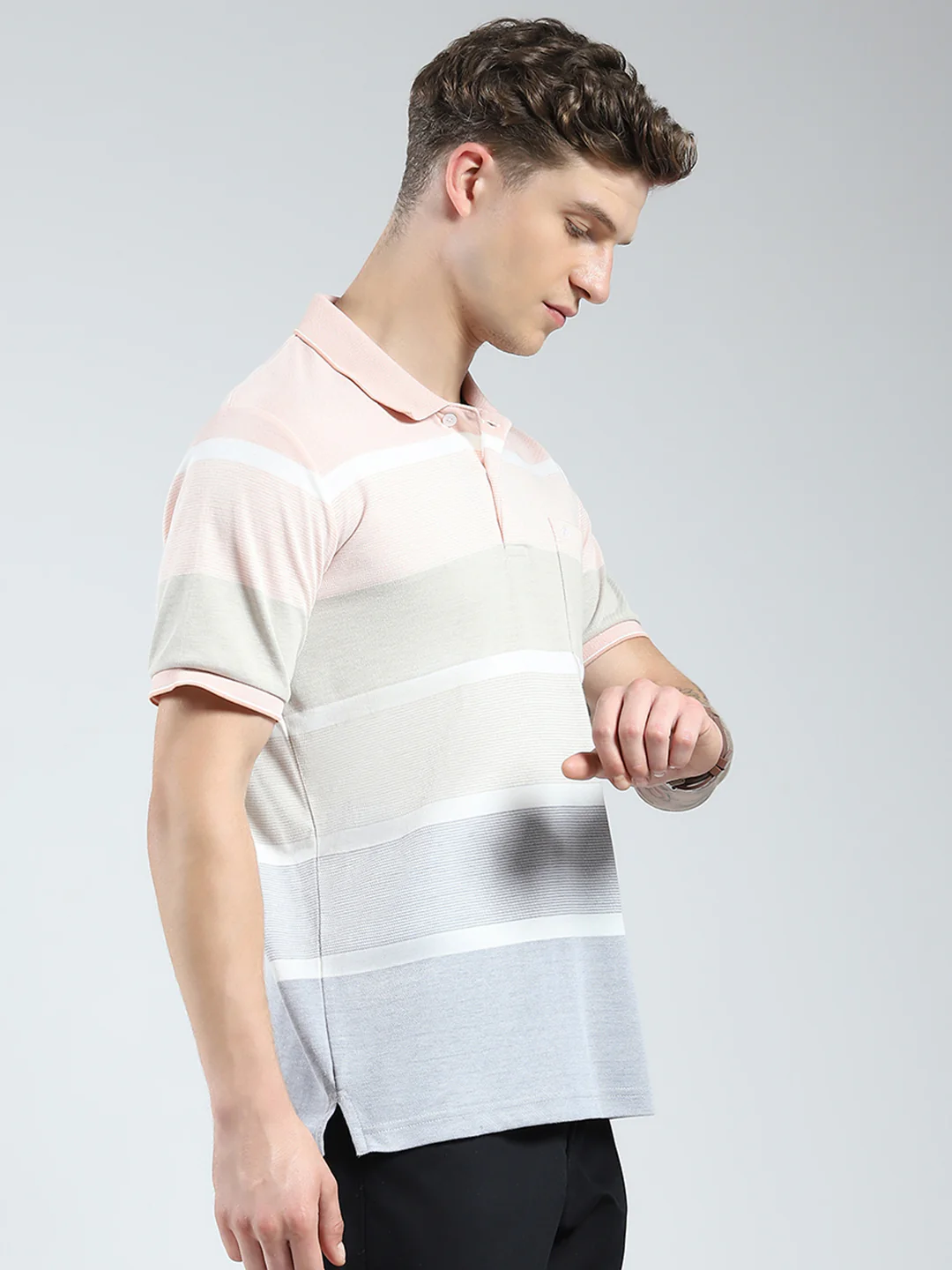 Men Peach Stripe Collar Half Sleeve T-Shirt - Image 4