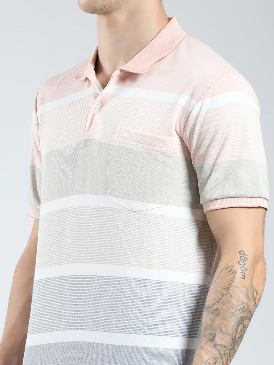 Men Peach Stripe Collar Half Sleeve T-Shirt - Image 6