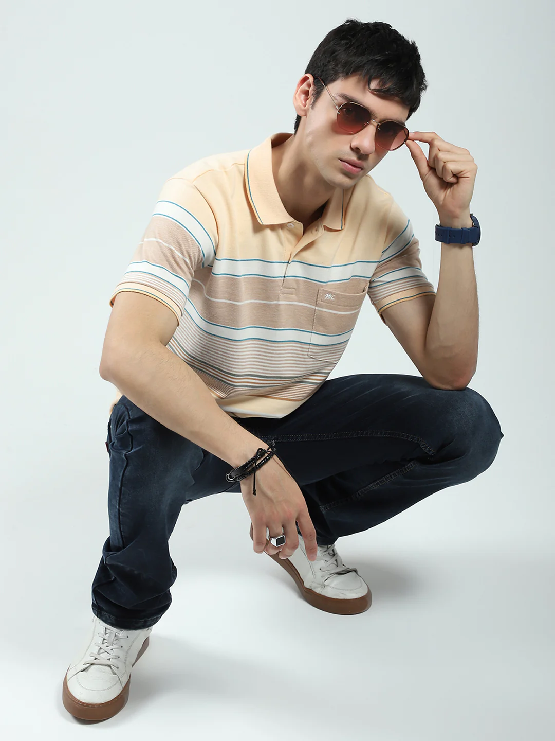 Men Peach Stripe Collar Half Sleeve T-Shirt - Image 2